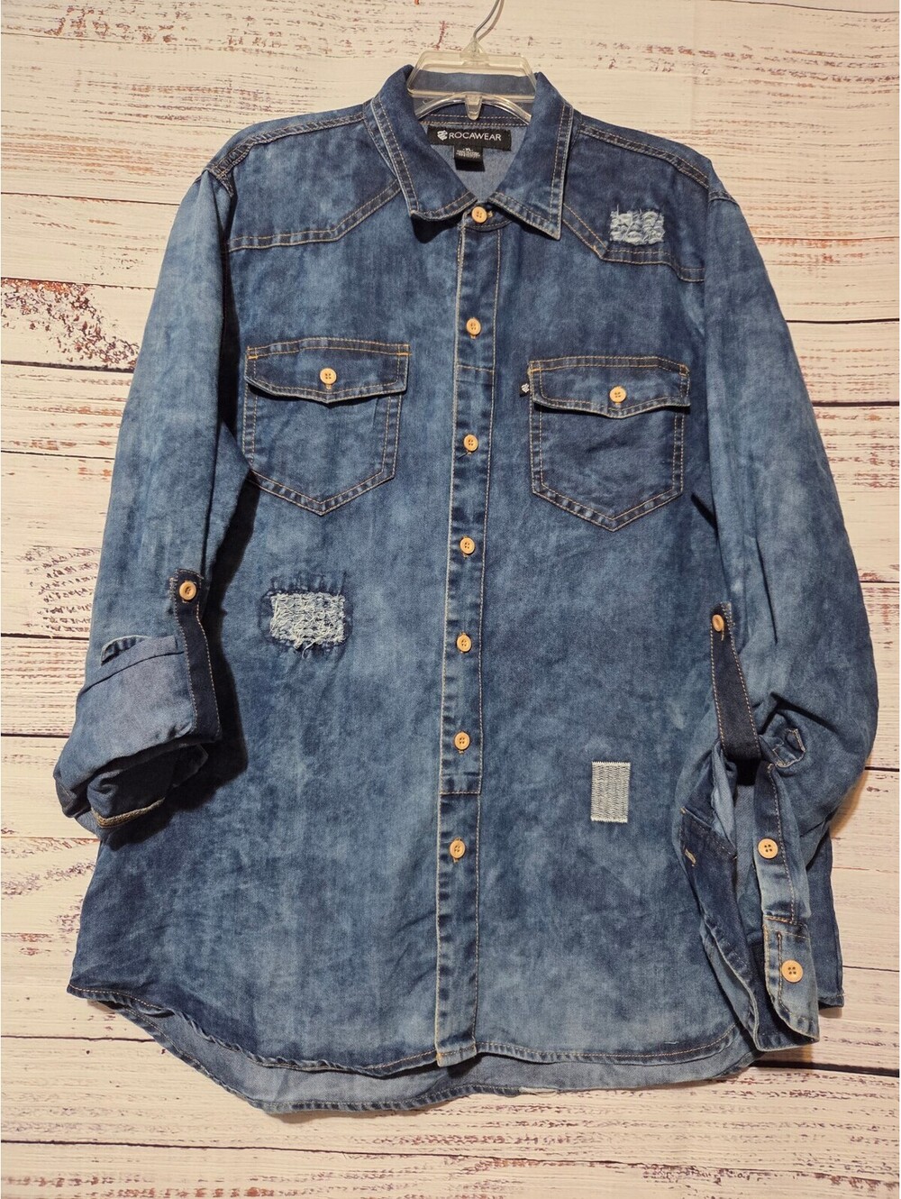 Rocawear XL Blue Distressed Denim Shirt Jacket Casual